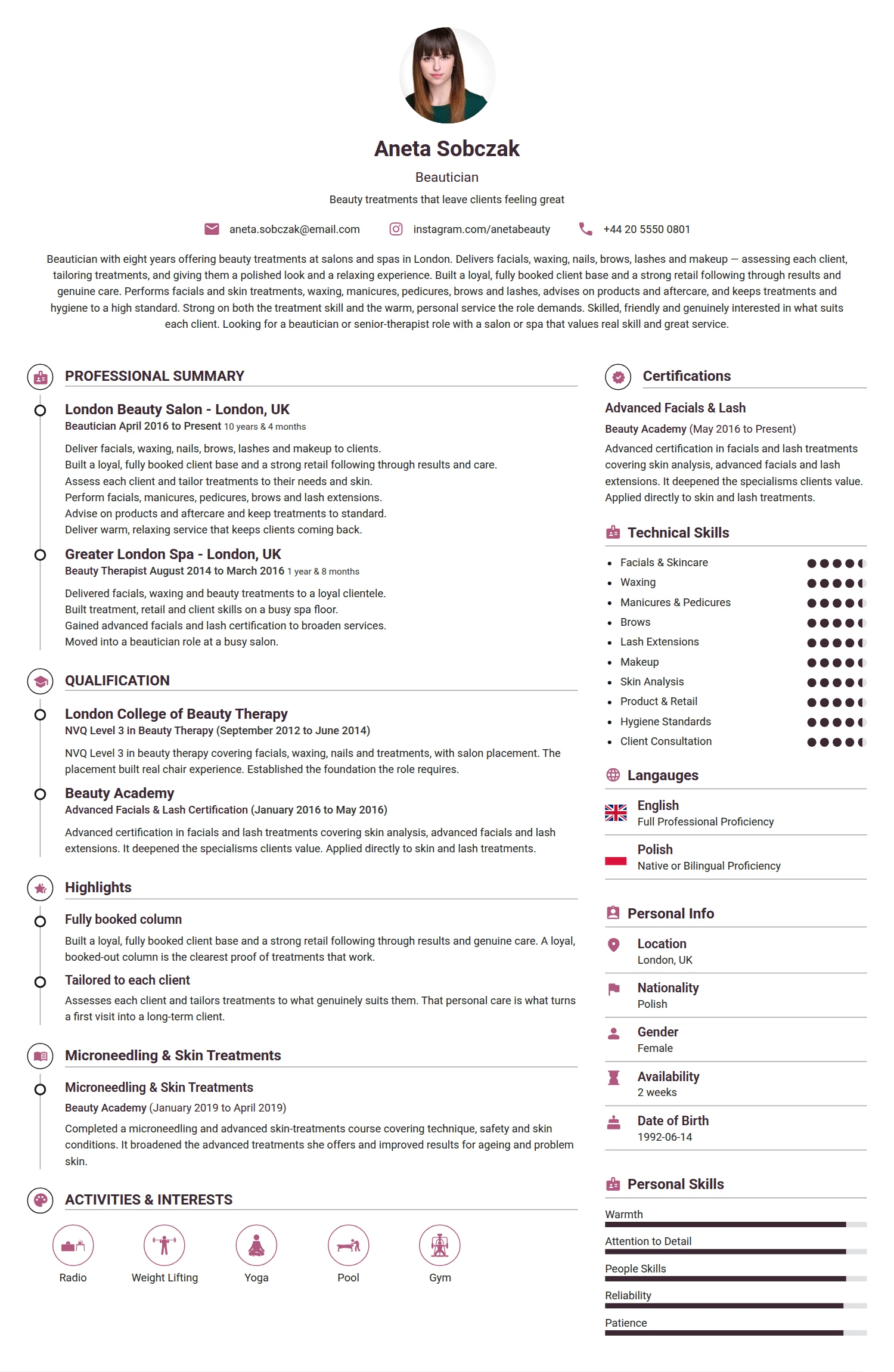 Beautician resume example — a professionally formatted Art/Creative/Design CV sample