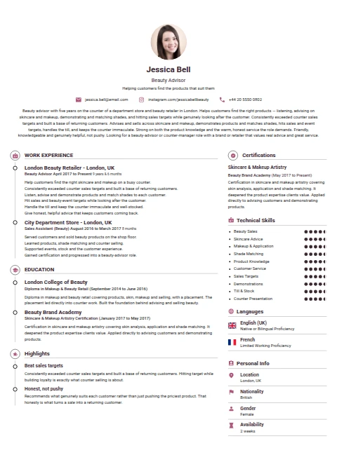 Beauty Advisor resume example