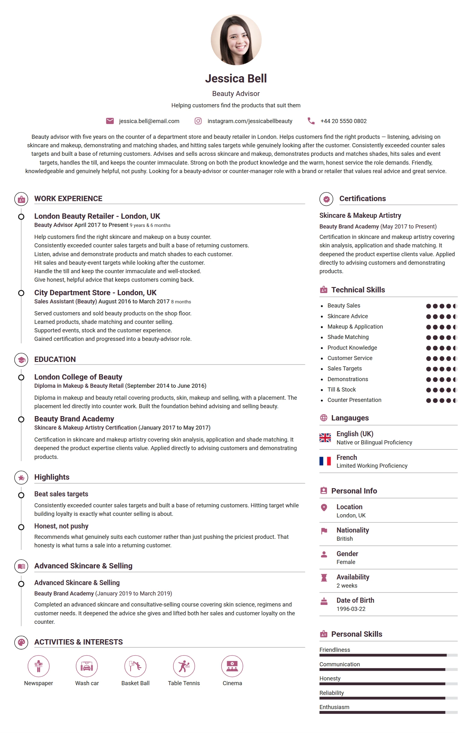 Beauty Advisor resume example — a professionally formatted Art/Creative/Design CV sample