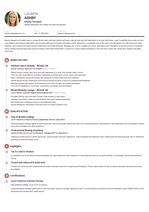 Beauty Therapist resume example — a professionally formatted Medical & Healthcare CV sample
