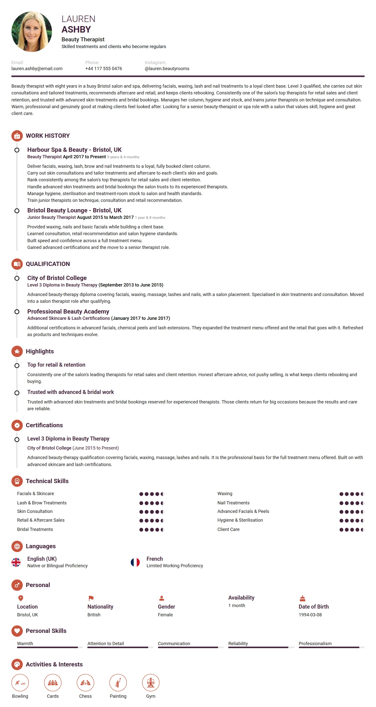 Beauty Therapist resume example — a professionally formatted Medical & Healthcare CV sample