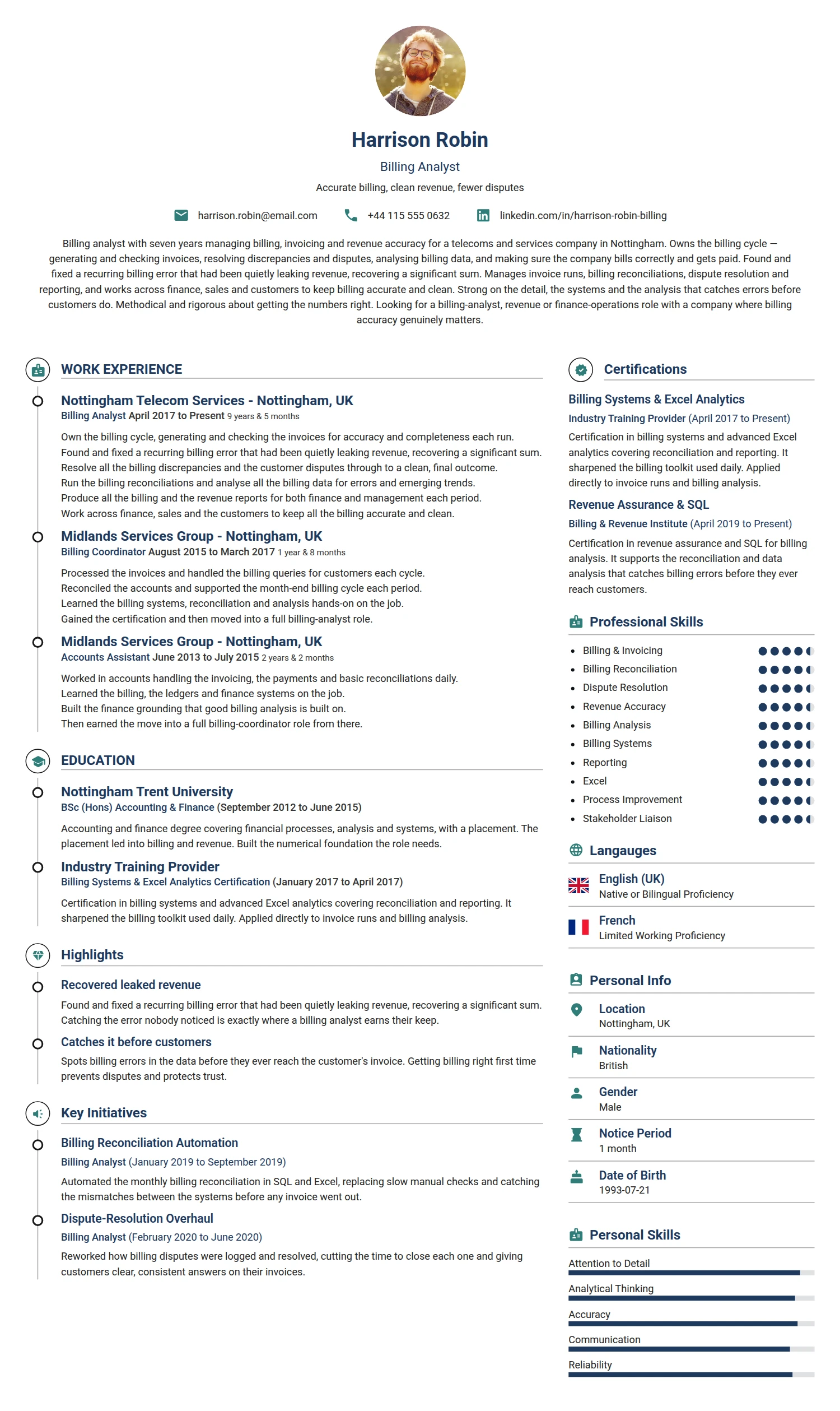 Billing Analyst resume example — a professionally formatted Accounting/Auditing CV sample