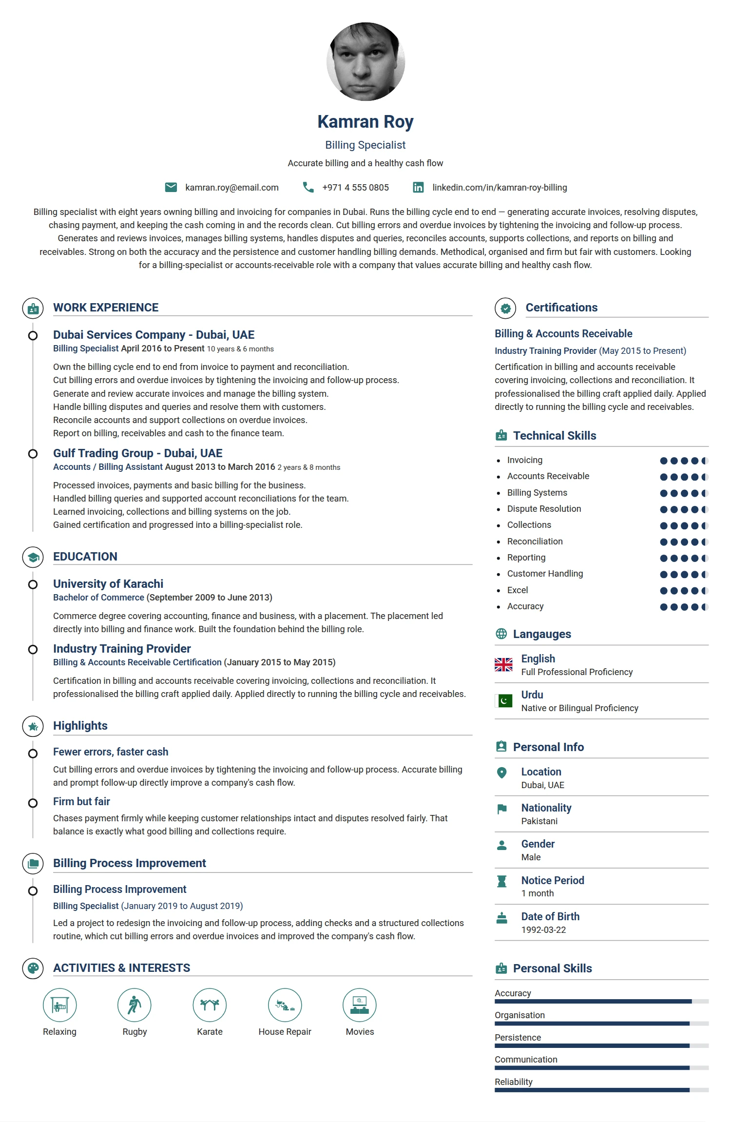 Billing Speacialist resume example — a professionally formatted Medical & Healthcare CV sample