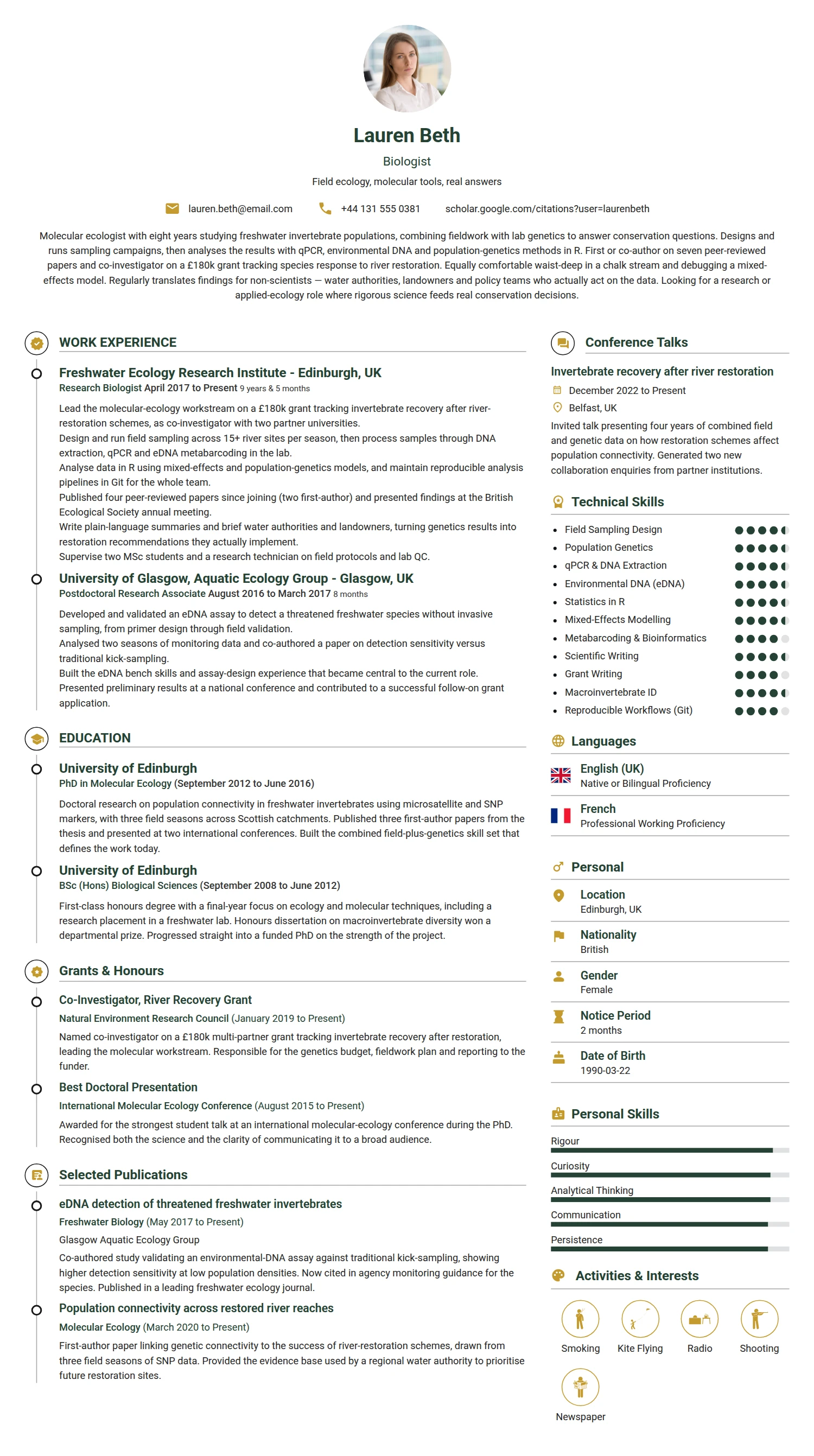 Biologist resume example — a professionally formatted Science & Research CV sample