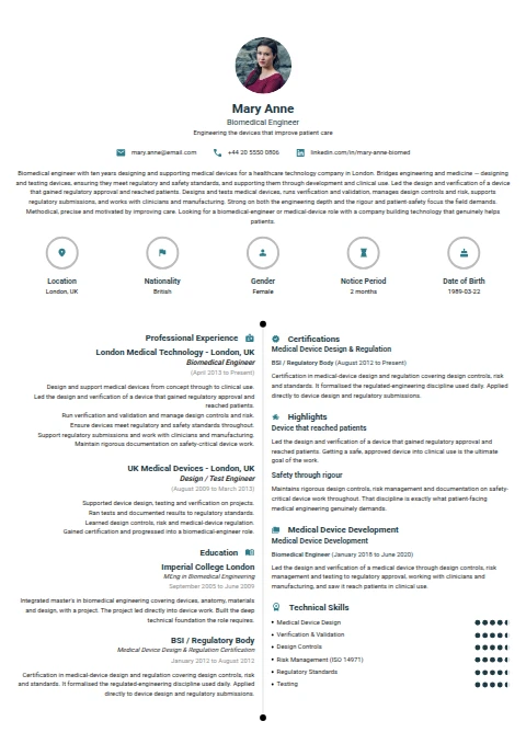 Biomedical Engineer resume example — a professionally formatted Science & Research CV sample