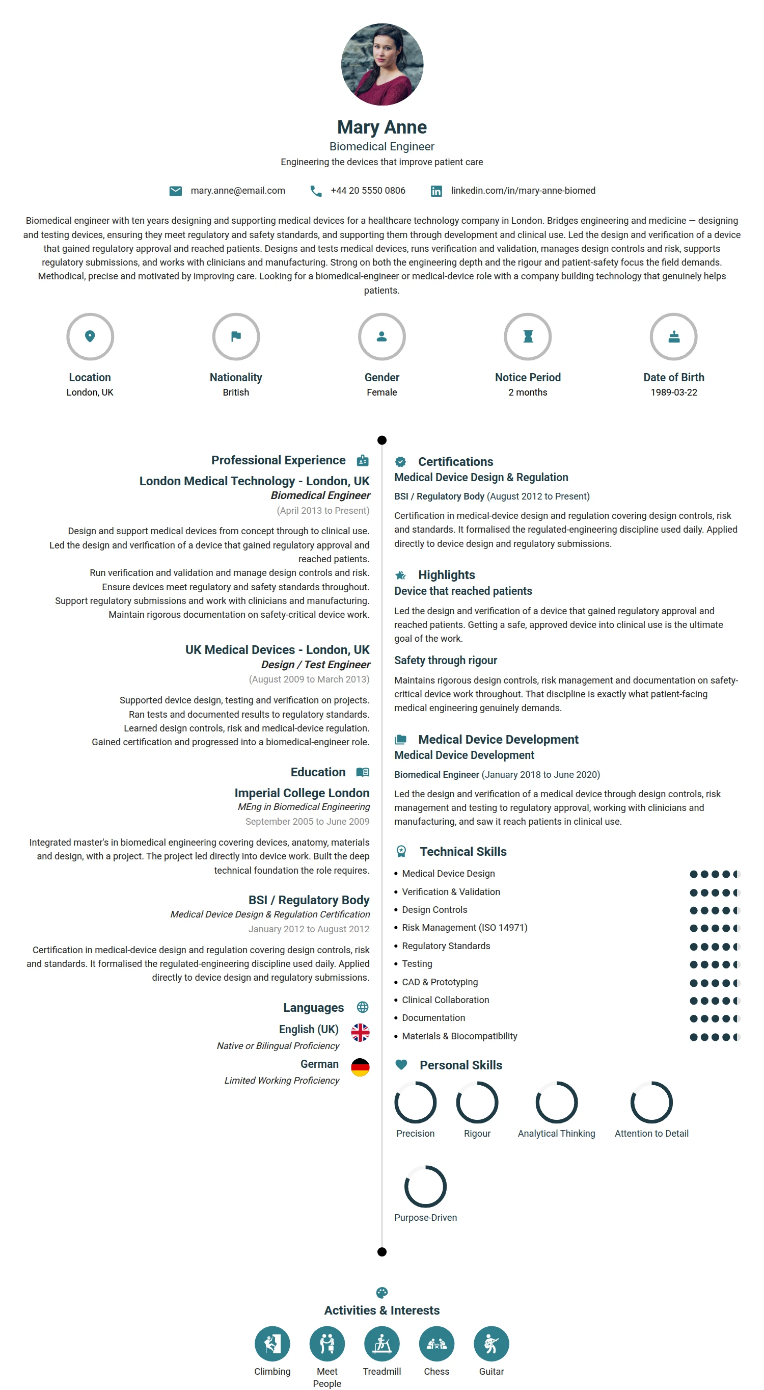 Biomedical Engineer resume example — a professionally formatted Science & Research CV sample