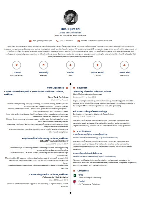 Blood Bank Technician resume example — a professionally formatted Medical & Healthcare CV sample