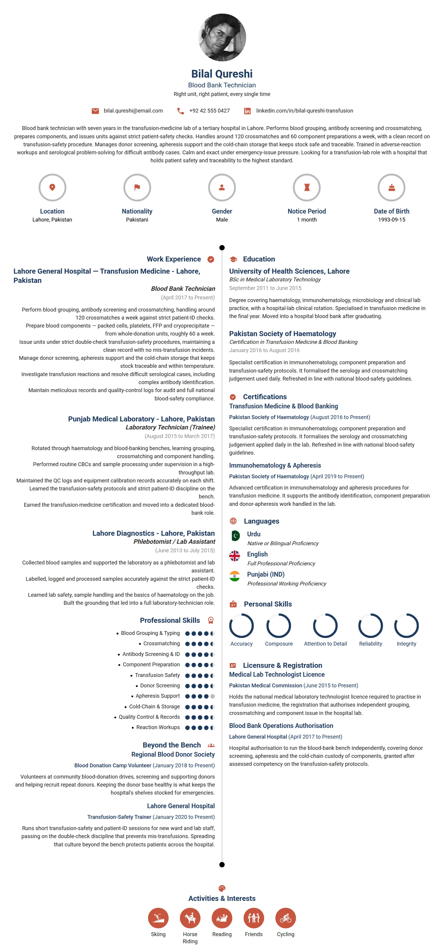 Blood Bank Technician resume example — a professionally formatted Medical & Healthcare CV sample