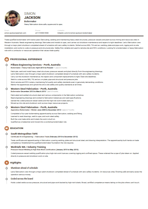 Boilermaker resume example — a professionally formatted Manufacturing CV sample