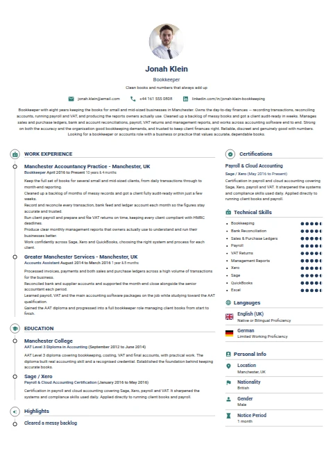 Bookkeeper resume example