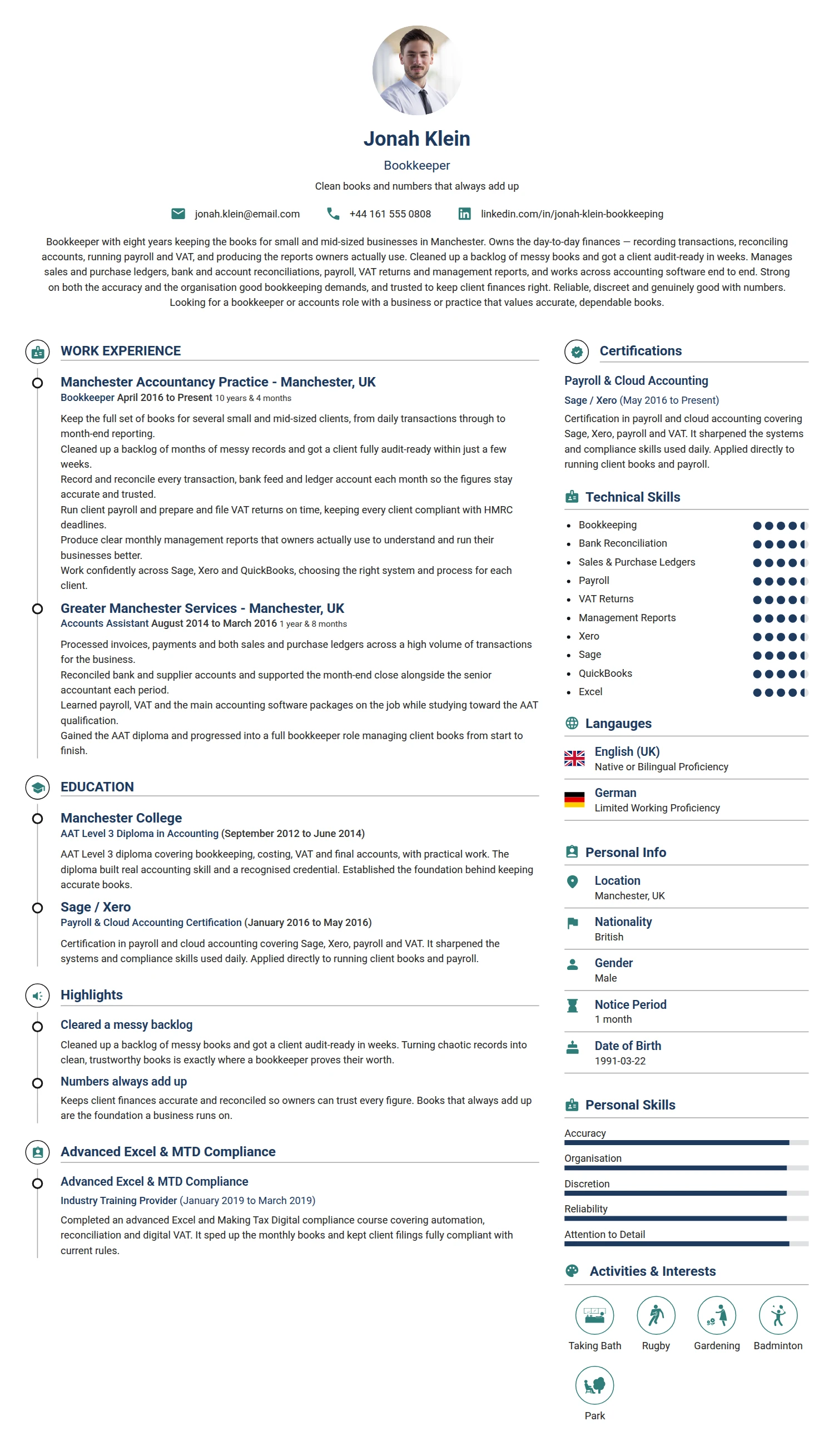 Bookkeeper resume example — a professionally formatted Accounting/Auditing CV sample