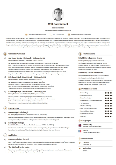 Bookstore Clerk resume example
