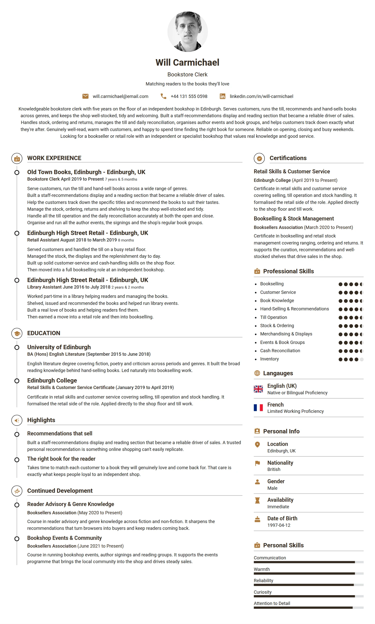 Bookstore Clerk resume example — a professionally formatted Accounting/Auditing CV sample