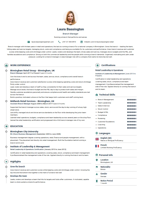 Branch Manager resume example