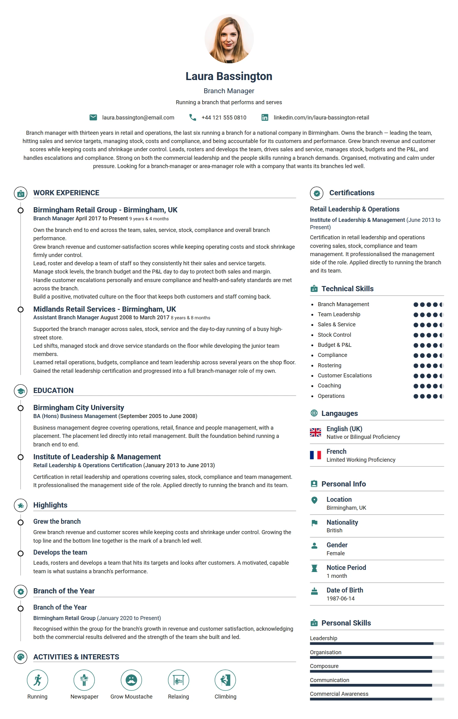 Branch Manager resume example — a professionally formatted Advertising/Marketing/PR CV sample
