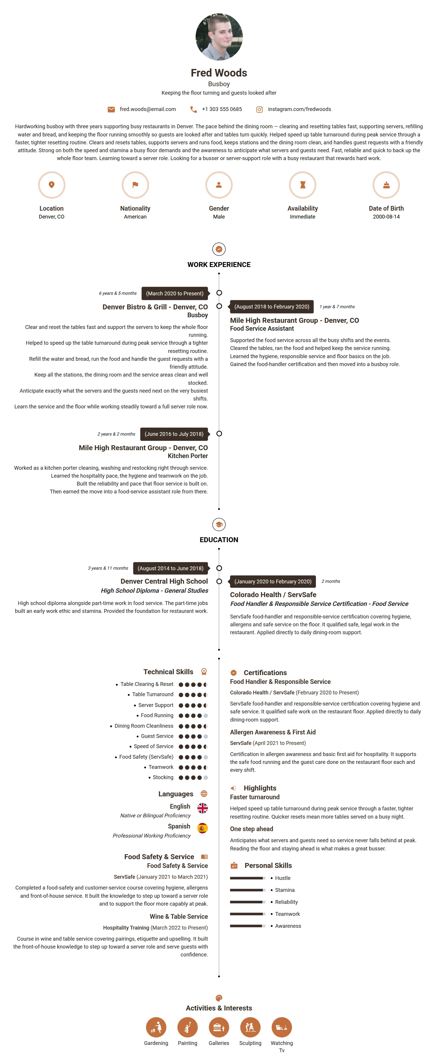 Busboy resume example — a professionally formatted Hospitality CV sample