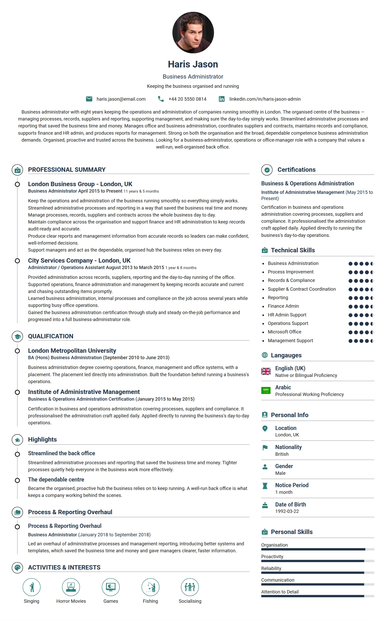 Business Administrator resume example — a professionally formatted Business Management CV sample
