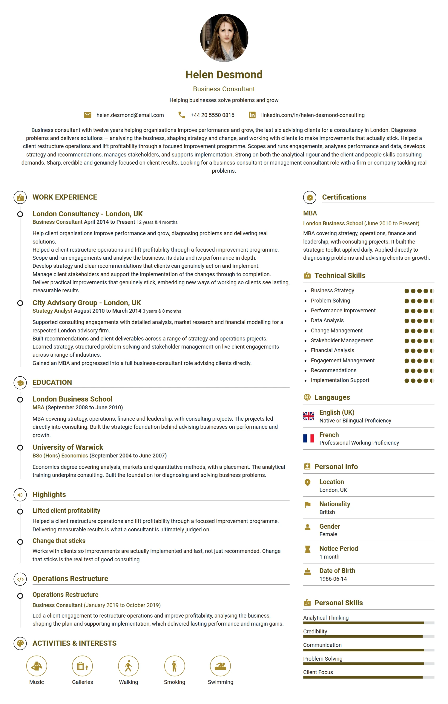 Business Consultant resume example — a professionally formatted Business Management CV sample