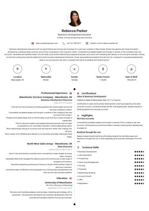 Business Development Executive resume example — a professionally formatted Sales CV sample