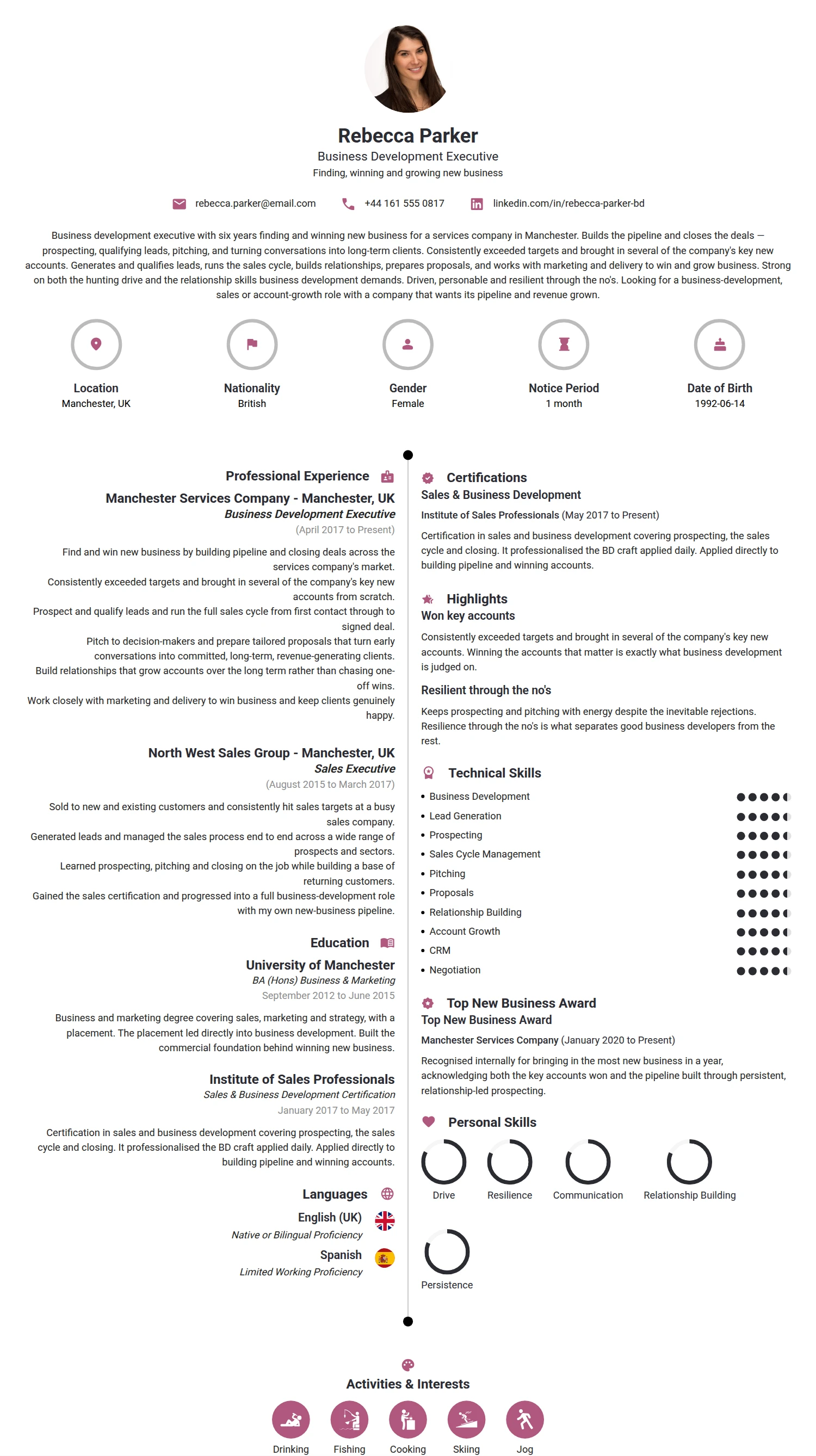 Business Development Executive resume example — a professionally formatted Sales CV sample