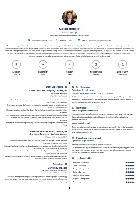 Business Manager resume example