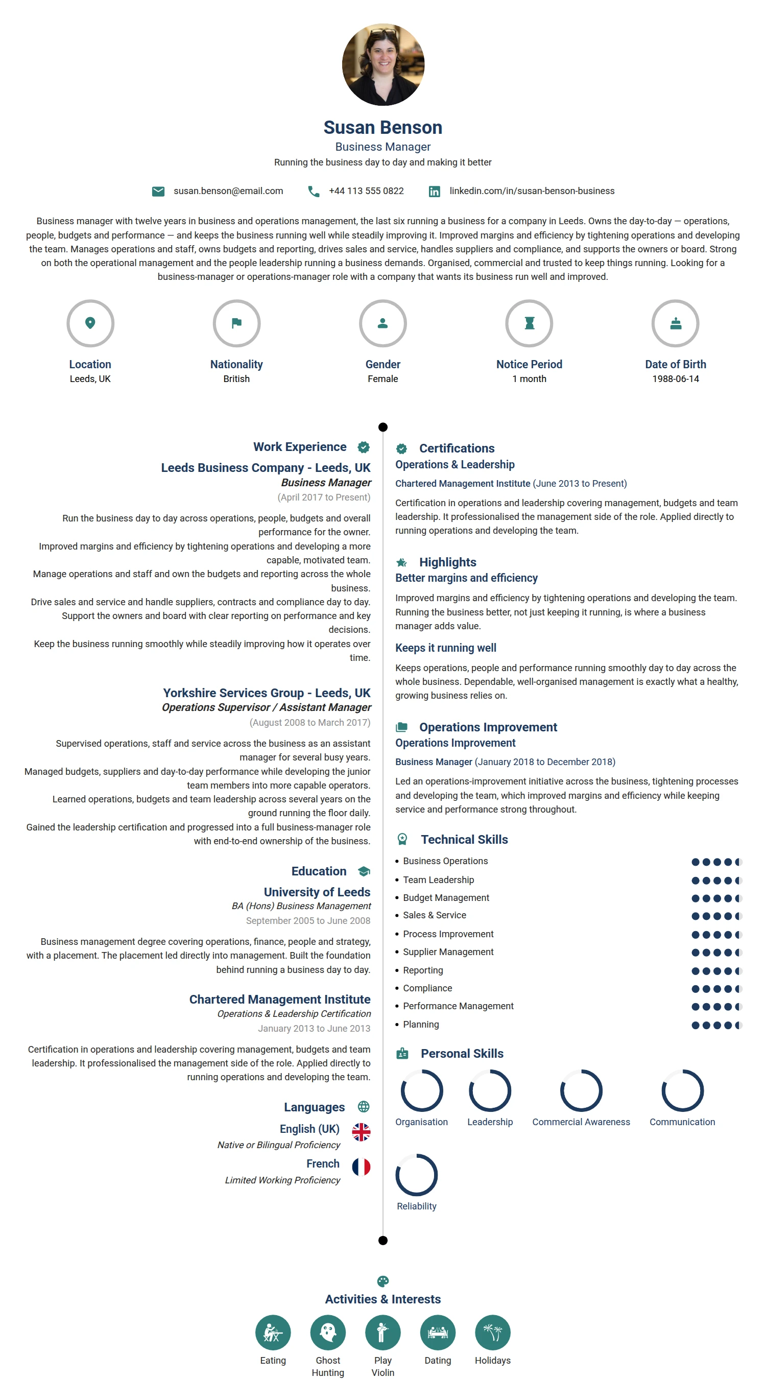 Business Manager resume example — a professionally formatted Business Management CV sample