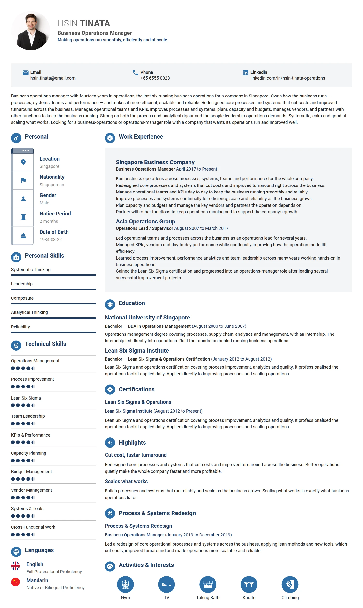 Business Operations Manager resume example — a professionally formatted Business Management CV sample