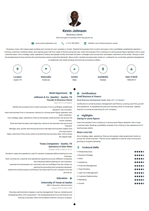 Business Owner resume example — a professionally formatted Business Management CV sample