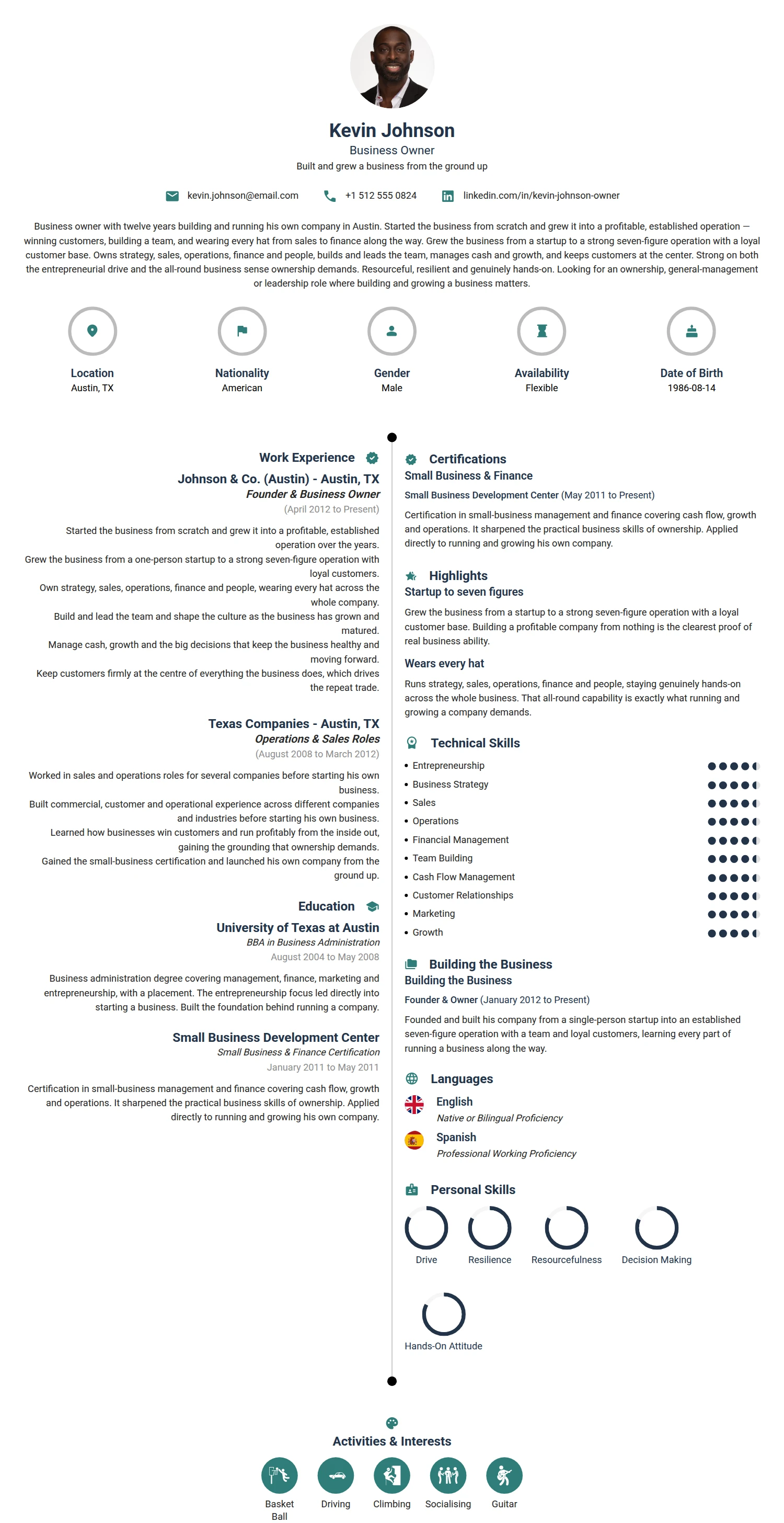 Business Owner resume example — a professionally formatted Business Management CV sample