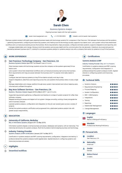 Business Systems Analyst resume example