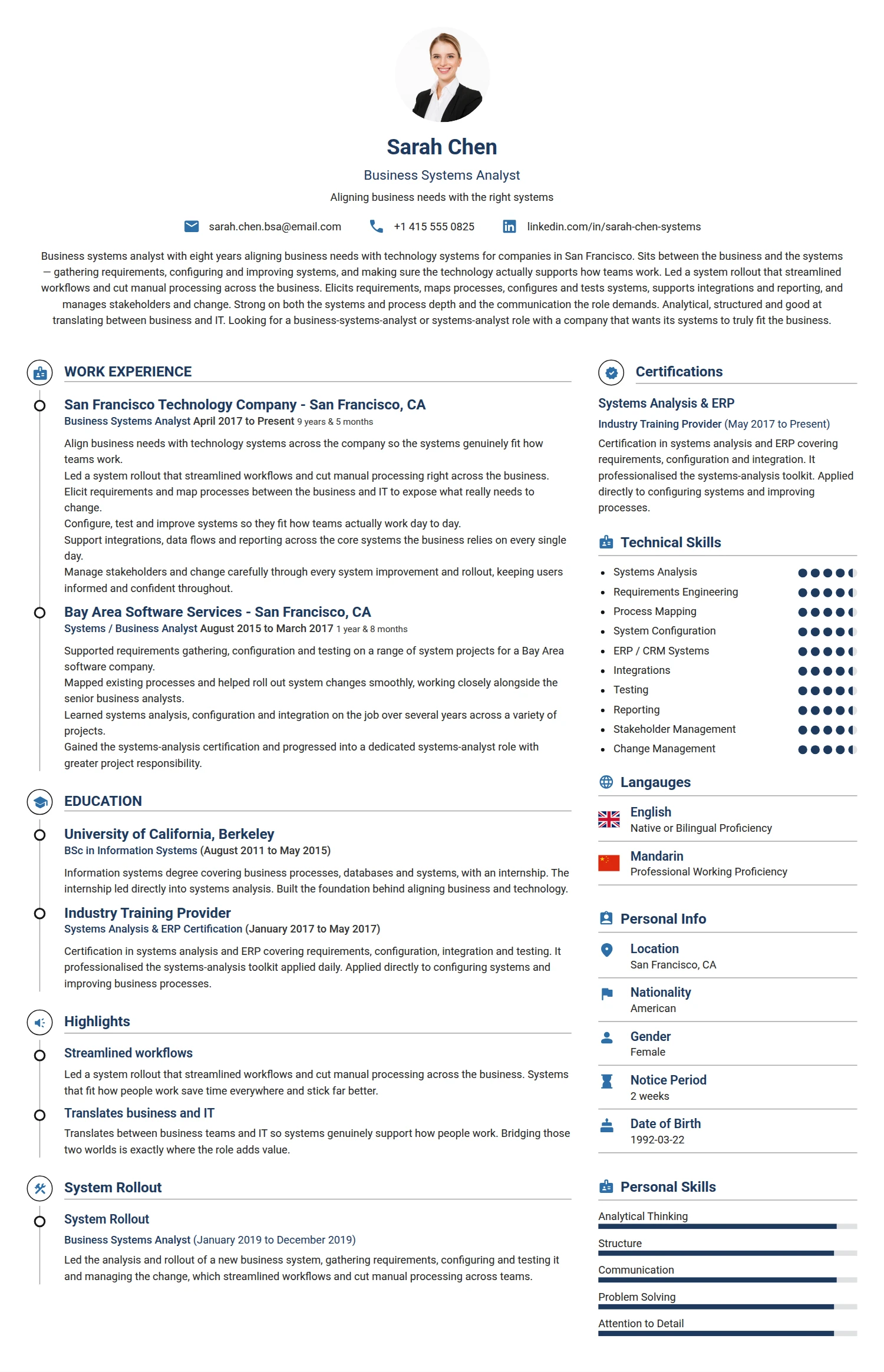 Business Systems Analyst resume example — a professionally formatted Business Management CV sample