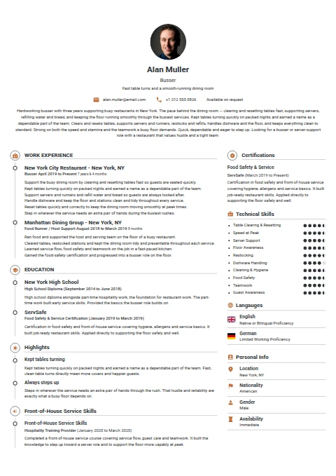 Busser resume example — a professionally formatted Hospitality CV sample