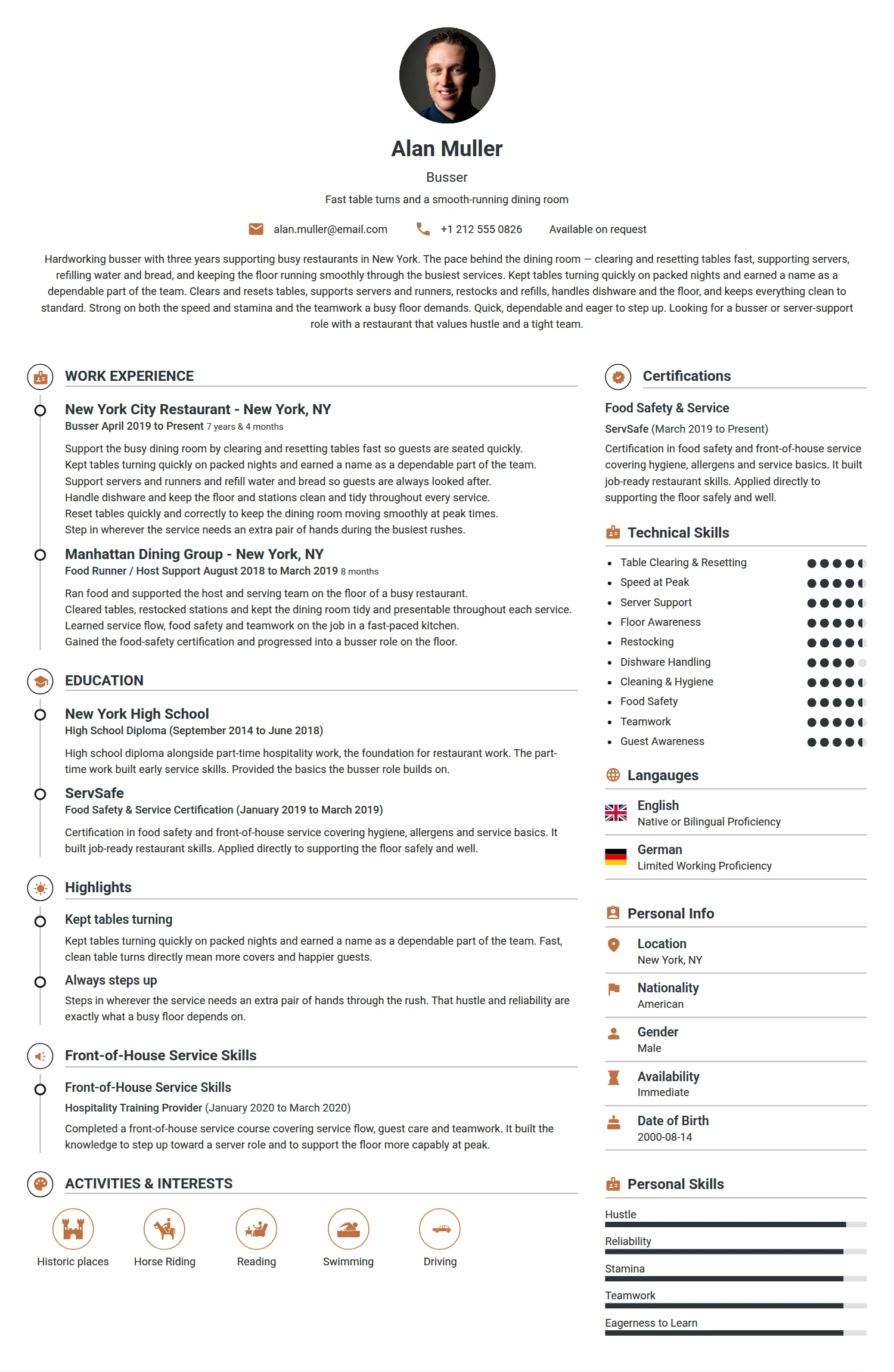 Busser resume example — a professionally formatted Hospitality CV sample