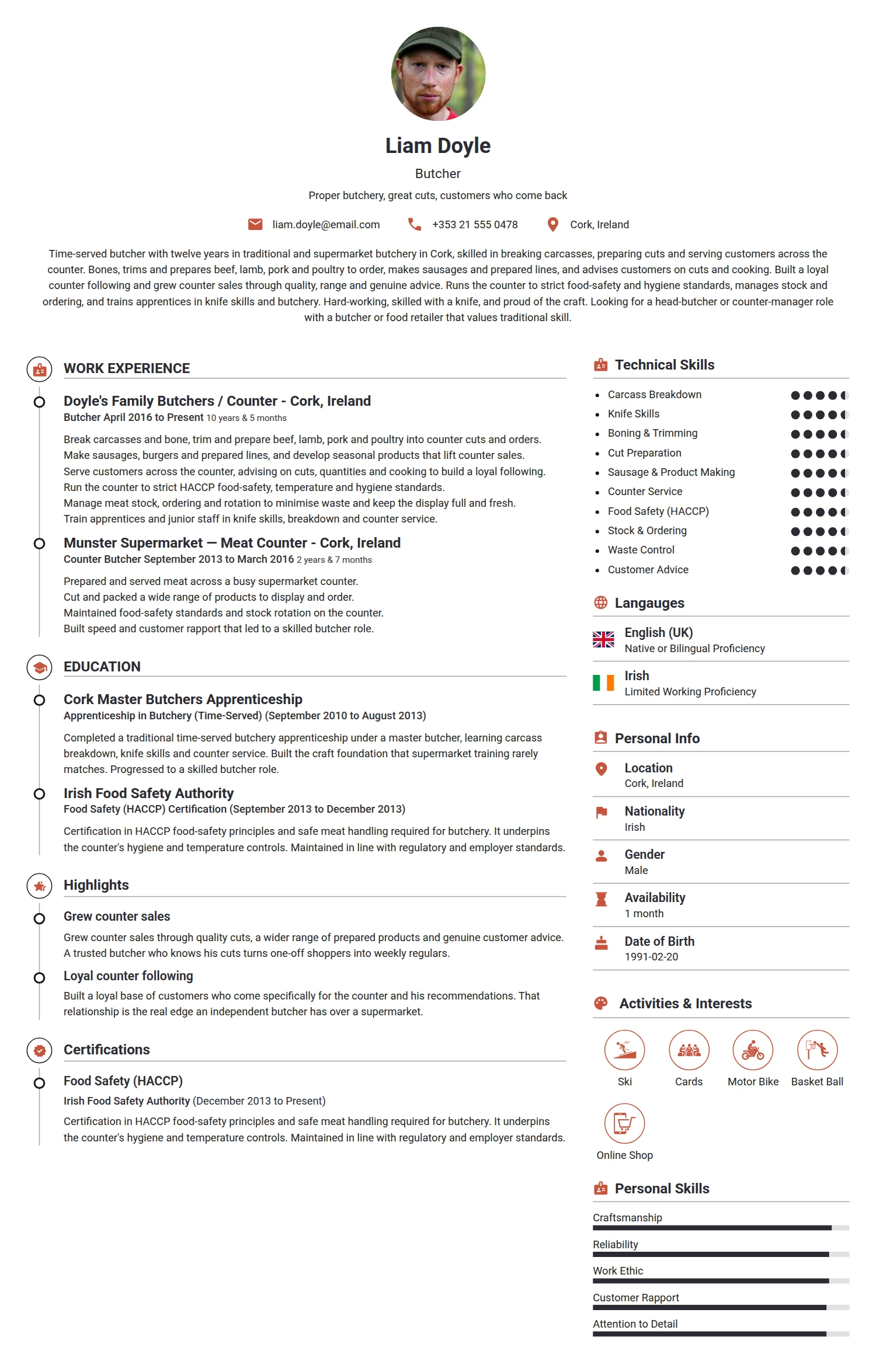 Butcher resume example — a professionally formatted Misc CV sample