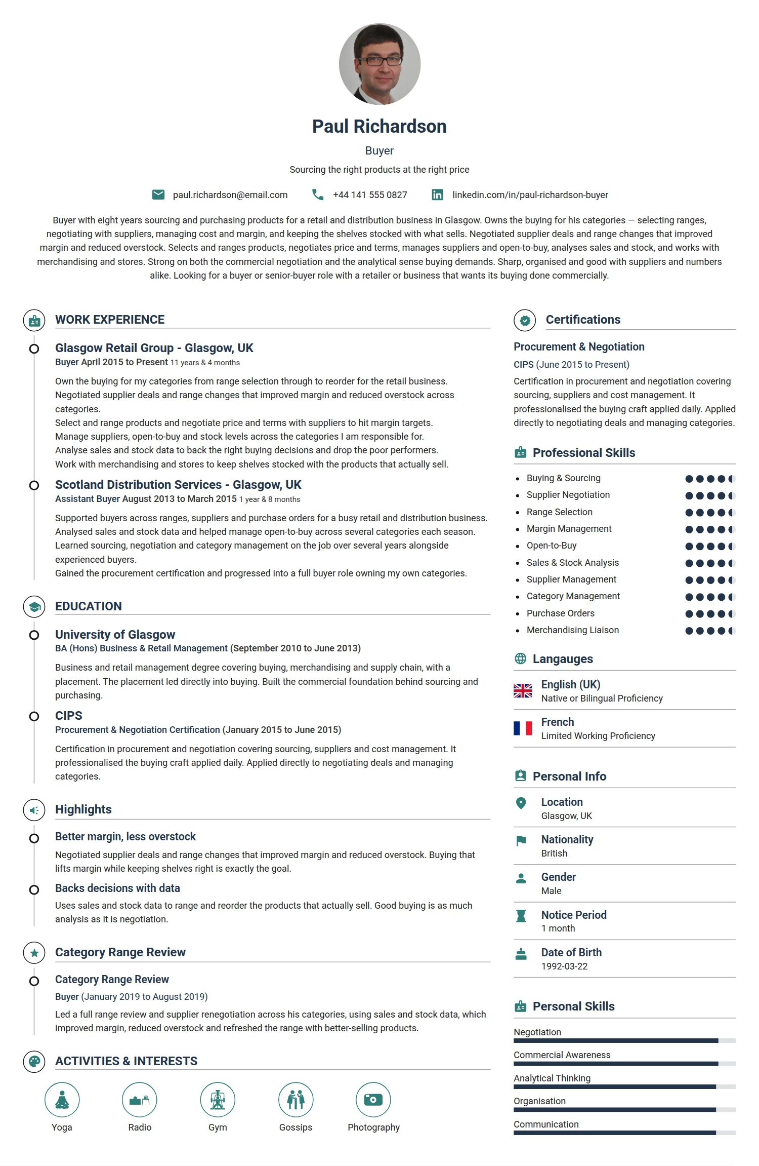 Buyer resume example — a professionally formatted Logistics/Supply Chain CV sample