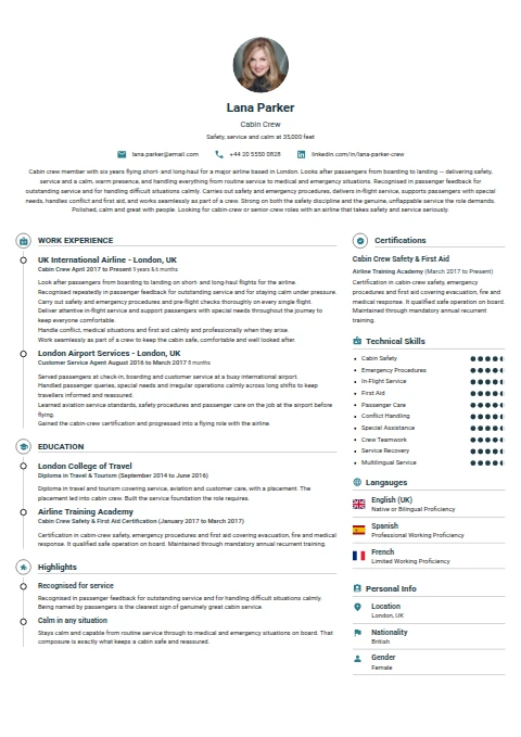Cabin Crew resume example