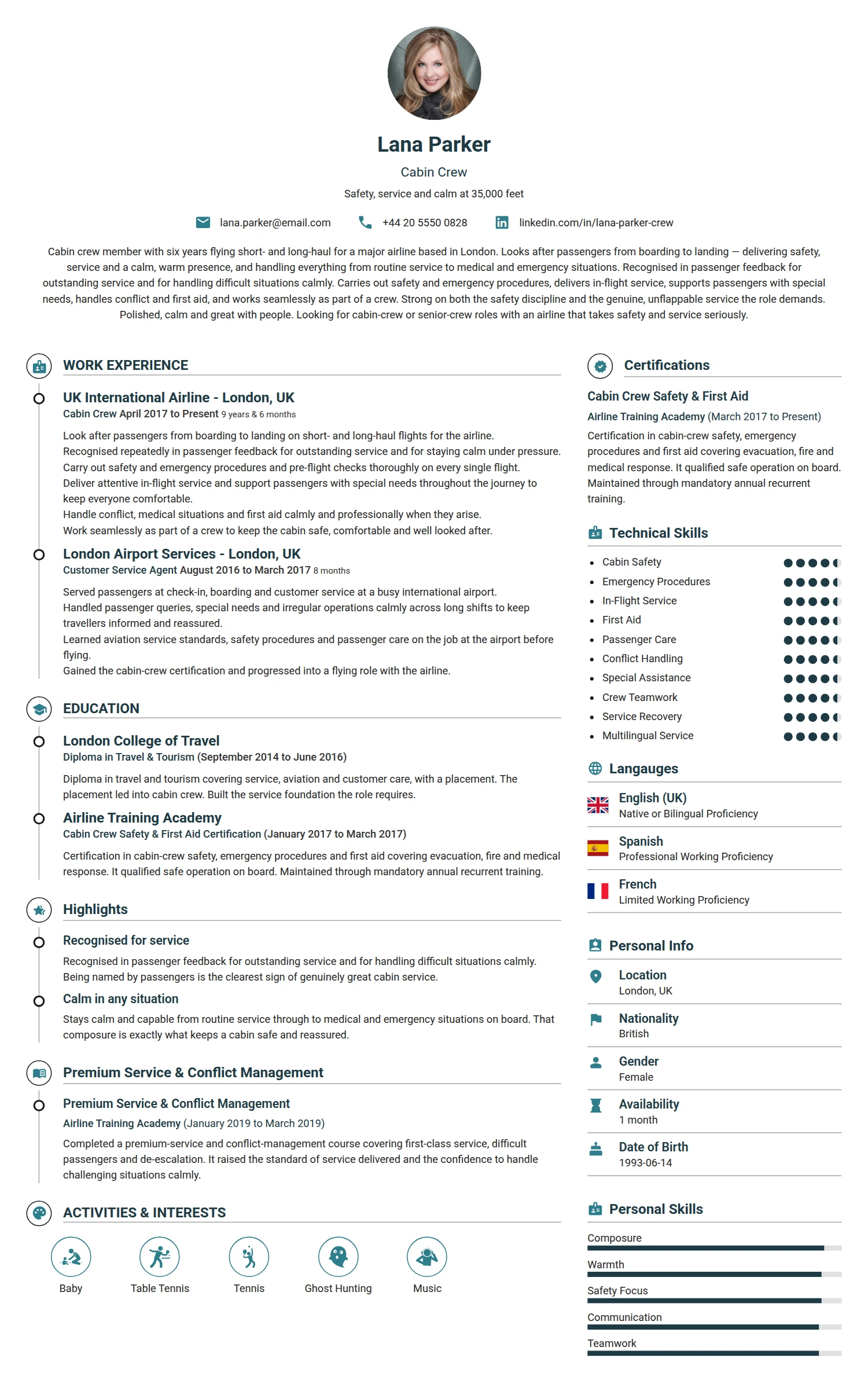 Cabin Crew resume example — a professionally formatted Transportation CV sample