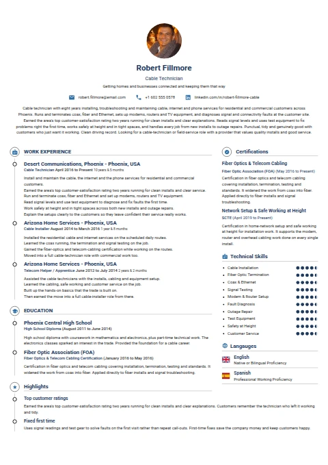 Cable Technician resume example — a professionally formatted Maintenance/Repair CV sample