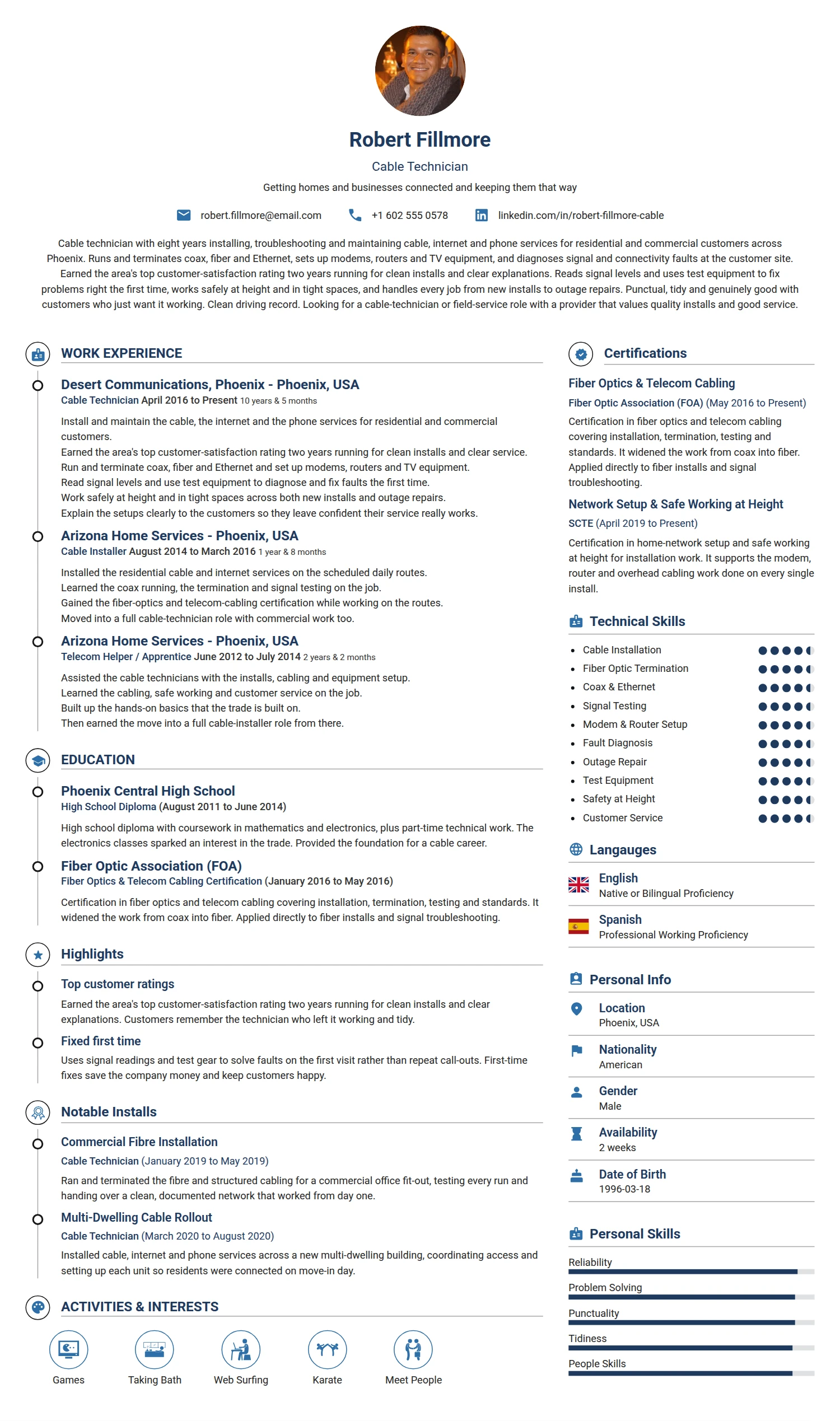 Cable Technician resume example — a professionally formatted Maintenance/Repair CV sample