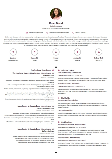 Cake Decorator resume example — a professionally formatted Hospitality CV sample