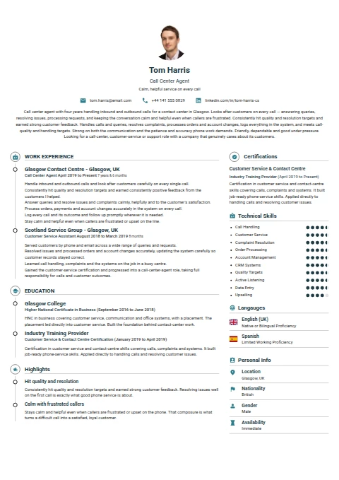 Call Center Agent resume example