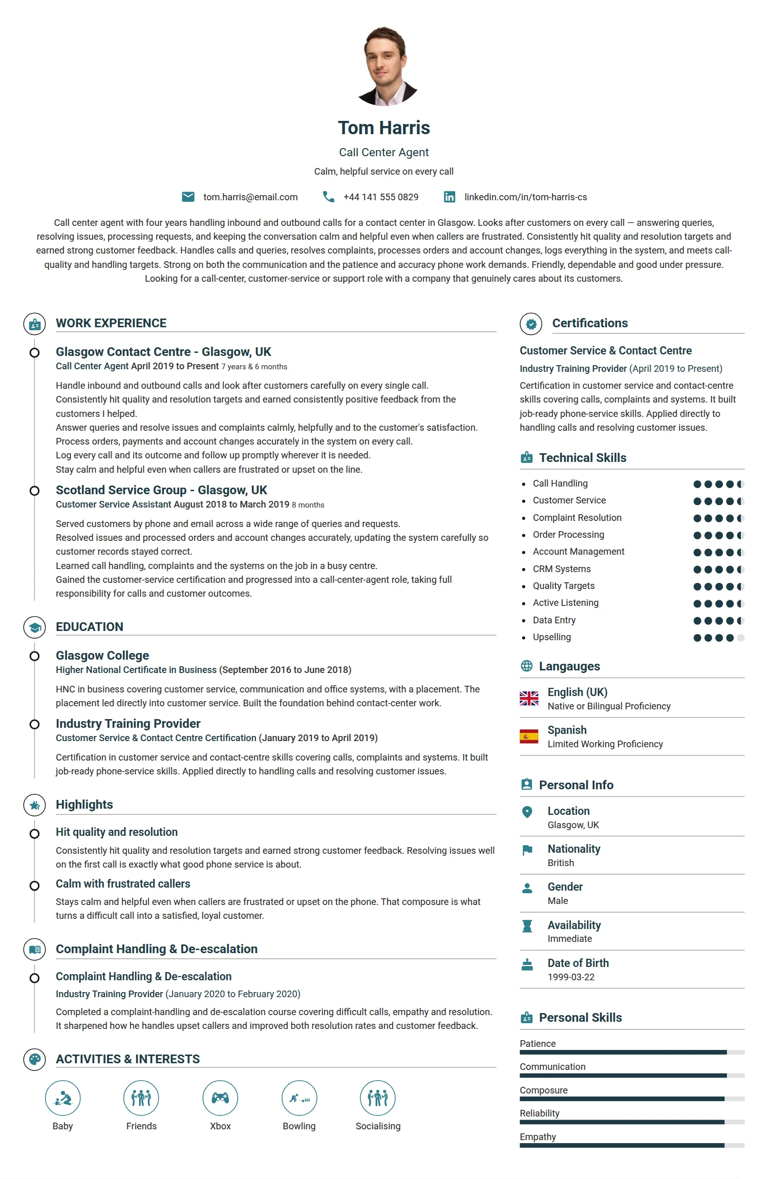 Call Center Agent resume example — a professionally formatted Sales CV sample