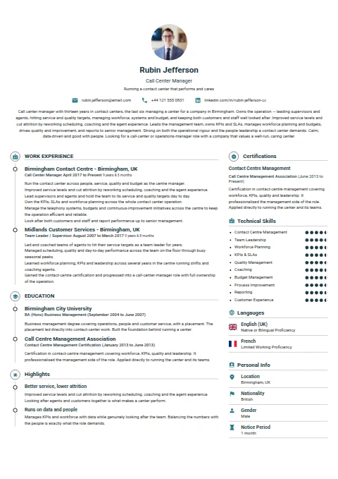 Call Center Manager resume example — a professionally formatted Sales CV sample