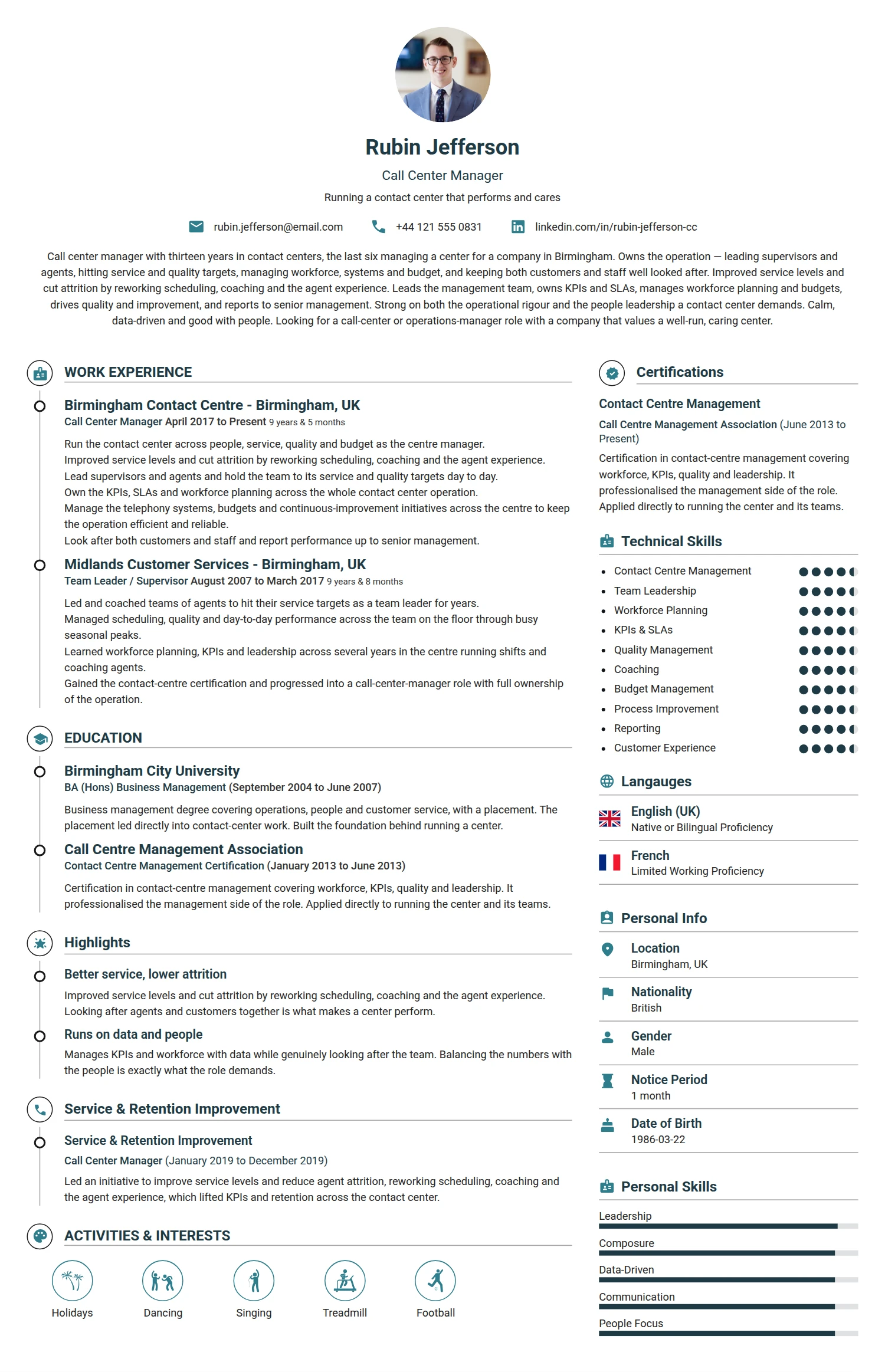 Call Center Manager resume example — a professionally formatted Sales CV sample
