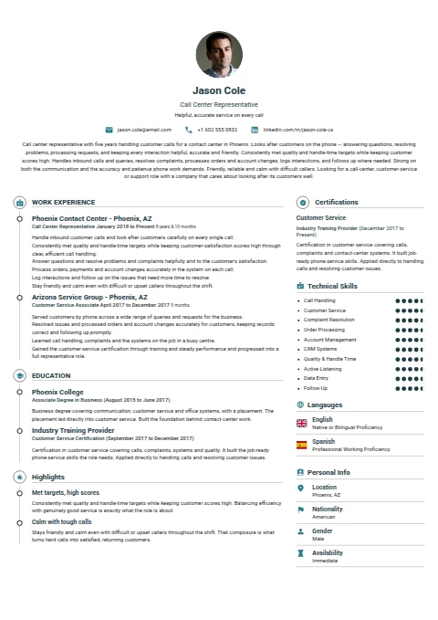 Call Center Representative resume example