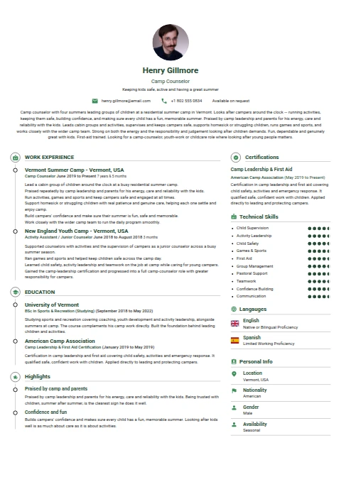 Camp Counselor resume example