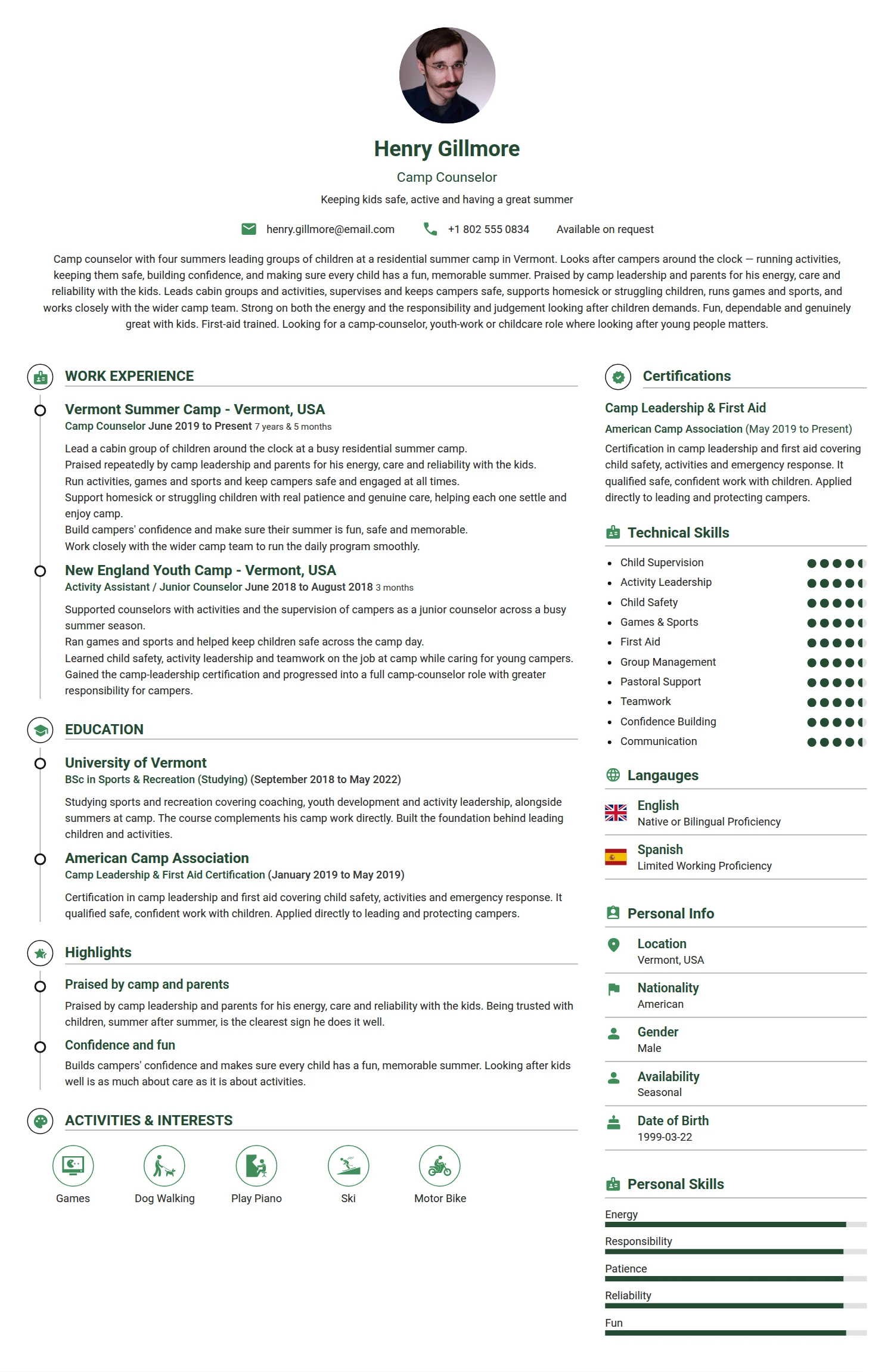 Camp Counselor resume example — a professionally formatted Business Management CV sample
