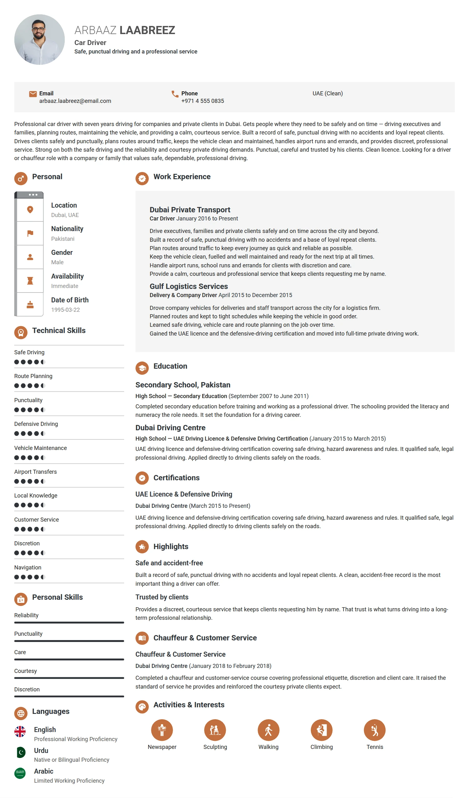 Car Driver resume example — a professionally formatted Transportation CV sample