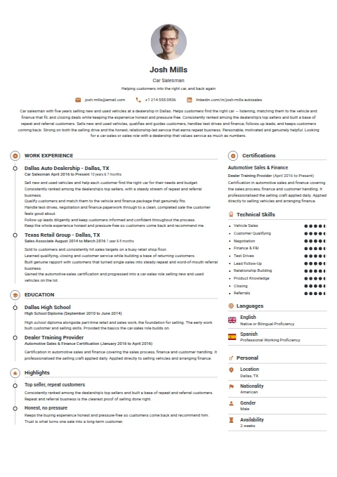 Car Salesman resume example — a professionally formatted Sales CV sample