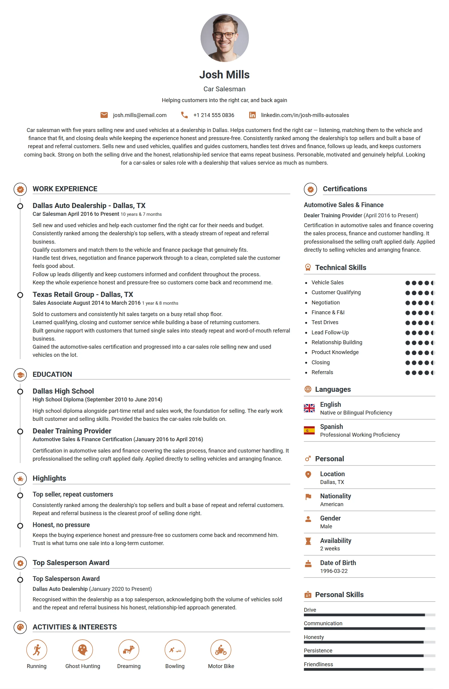Car Salesman resume example — a professionally formatted Sales CV sample